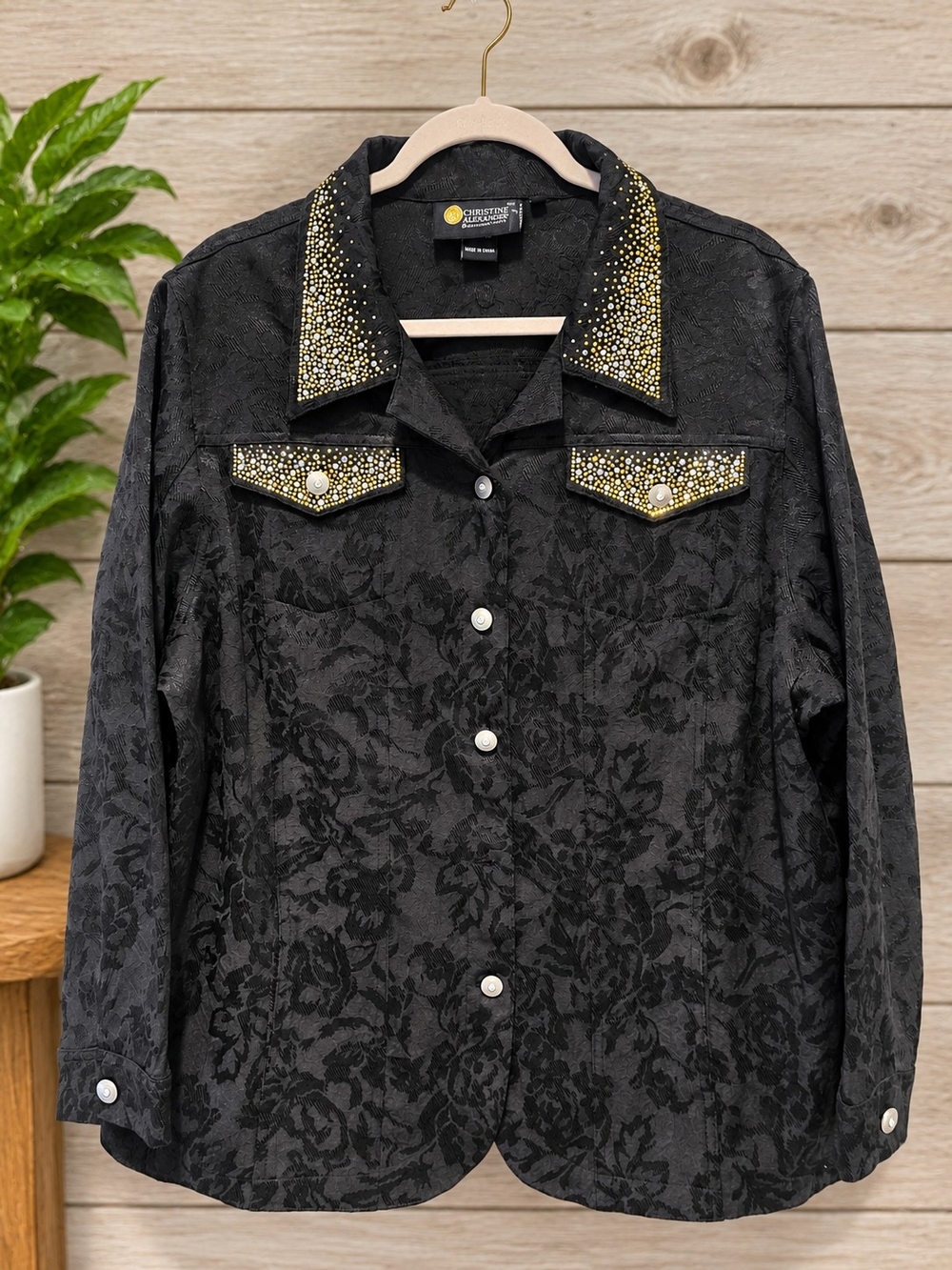 Christine Alexander Black Floral Jacquard Blazer with Gold Studded Collar